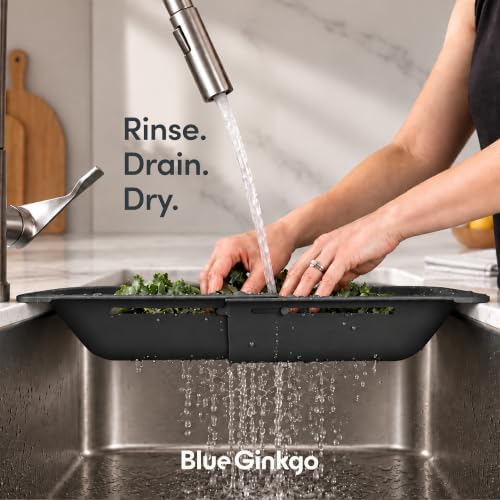 Blue Ginkgo Over Sink Colander, Extendable Kitchen Strainer, 2-Pack, Black