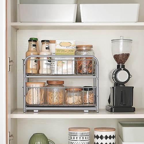 SONGMICS 2-Tier Pull Out Cabinet Organizers, Under Sink Organizer, Bathroom Organizer and Storage, Sliding Basket Drawers, Stackable for Kitchen, Bathroom, Metallic Silver UKCS017E01