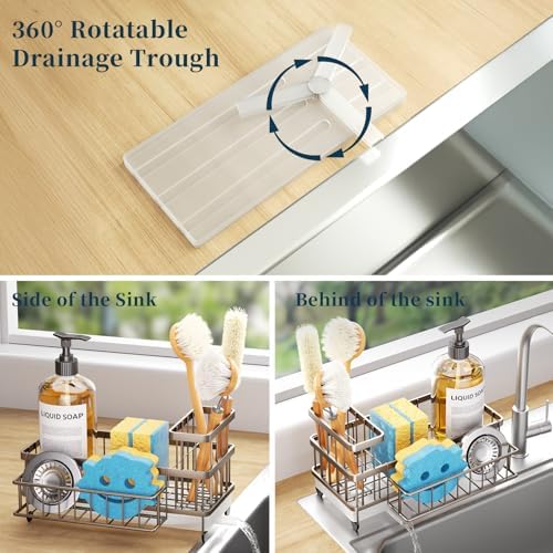 Consumest Sponge Holder for Kitchen Sink - Auto Draining Sink Caddy Organizer with Detachable Rack, High Brush Holder, Kitchen Countertop Storage Accessories, Sand Nickel