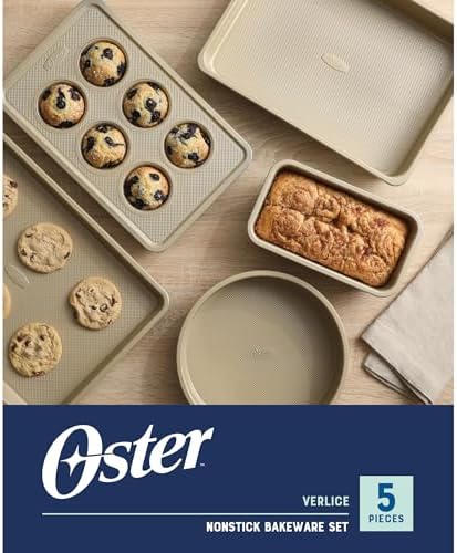 Oster Verlice 5 Piece Carbon Steel Baking Pans Bakeware Set W/Premium PFA Free Nonstick - Champagne Gold