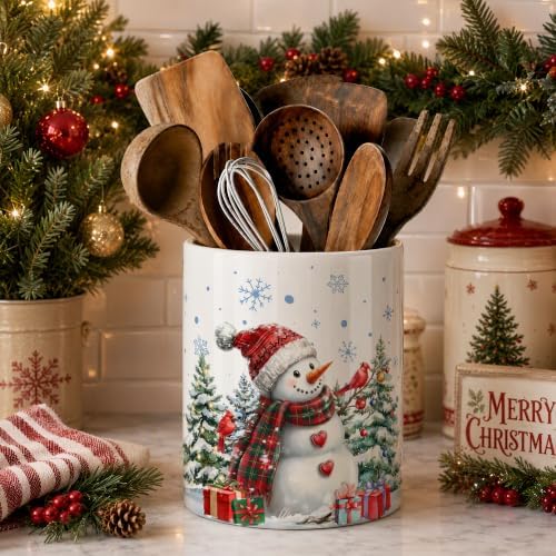 Christmas Snowman Ceramic Utensil Crock, Farmhouse Xmas Kitchen Utensil Holder, Christmas Decor Caddy for Spatulas & Baking Gadgets Storage Organizer, Winter Snowman with Cardinal Birds