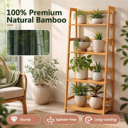 COSTWAY 44" Bamboo Ladder Shelf, Multifunctional Plant Flower Display Stand