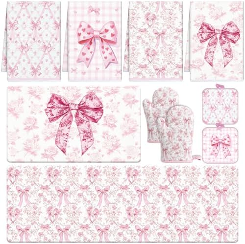 Pink Bows Kitchen Decor Set, 10 Pcs Coquettte Bow Home Accessories with Kitchen Rugs, Towels, Pot Holders Resistant Glove and Oven Mitt for Cooking Baking House Supply Gifts