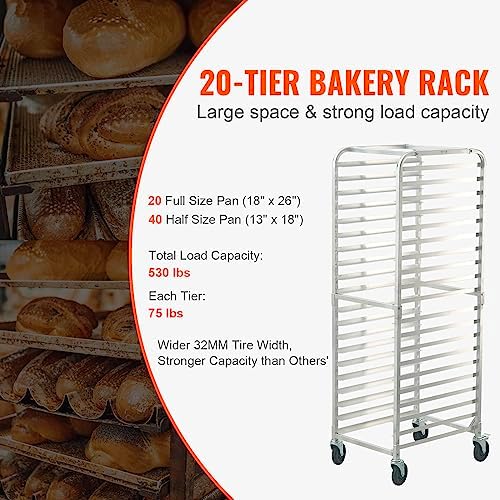 VEVOR Bun Pan Rack, 20-Tier Commercial Bakery Racks with Brake Wheels, Aluminum Racking Trolley Storage for Half & Full Sheet, Speed Rack For Kitchen Home, Bread Baking Equipment, 26"L x 20.4"W x 70"H