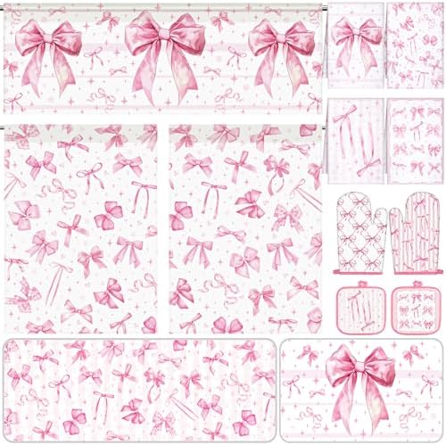 13 Pcs Pink Bow Kitchen Decor Set 3 Coquette Kitchen Curtains Valance 2 Aesthetic Rugs and Mats 4 Girly Hand Towels 2 Pink Pot Holders 2 Oven Mitts for Home Decor Cooking Grilling Housewarming Gift