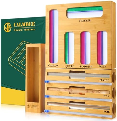 Calmbee 9 in 1 Bamboo Storage Bag Organizer for Kitchen Drawer – Plastic Wrap Dispenser with Cutter & Foil Organizer, Wooden Baggie Organizer for Sandwich, Snack, Gallon, Quart Sizes, Natural