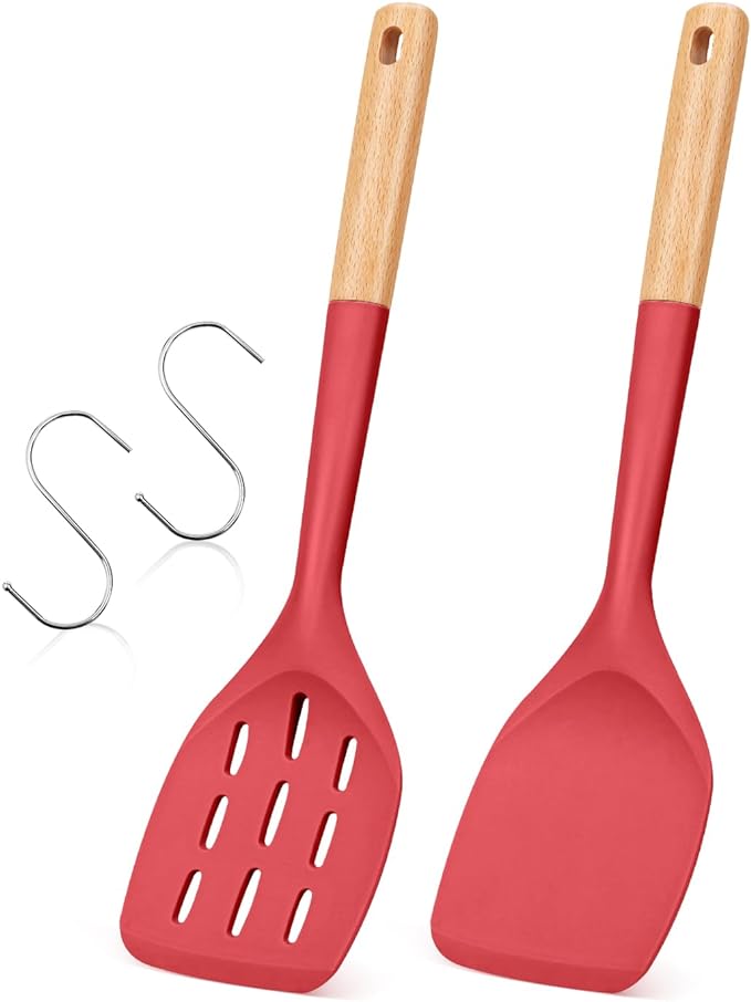 Pack of 2 Silicone Spatula, Non Stick Cooking Utensil Set Wooden Handle Kitchen by BADIANO