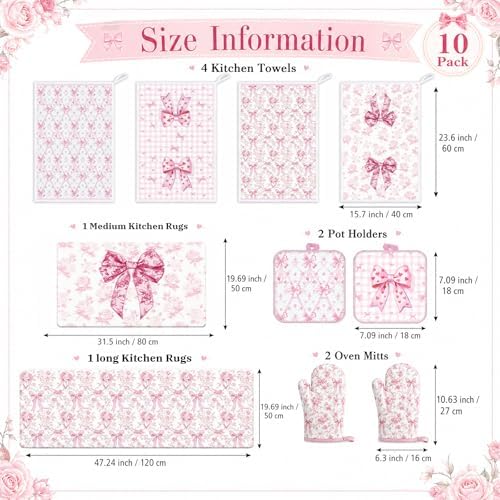 Pink Bows Kitchen Decor Set, 10 Pcs Coquettte Bow Home Accessories with Kitchen Rugs, Towels, Pot Holders Resistant Glove and Oven Mitt for Cooking Baking House Supply Gifts