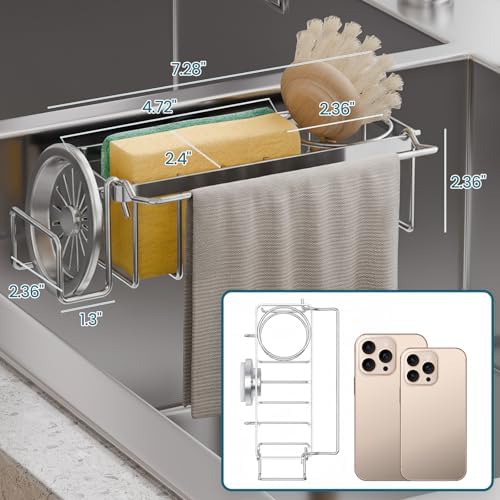 TAILI 4-in-1 Sponge Holder for Kitchen Sink with Strong Suction Cup-Silver