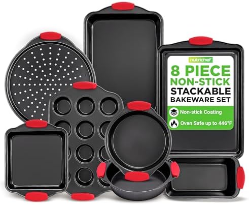 NutriChef Non-Stick Kitchen Oven Baking Pans-Deluxe & Stylish Nonstick Gray Coating Inside Outside, Commercial Grade Restaurant Quality Metal Bakeware with Red Silicone Handles NCSBS8S, 8 Piece Set