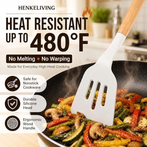 Silicone 10 Pcs Kitchen Cooking Utensils Set, Recycled Materials Certification, BPA Free Spatula Set with Heat Resistant Wood Handles for Nonstick Cookware, Cream White