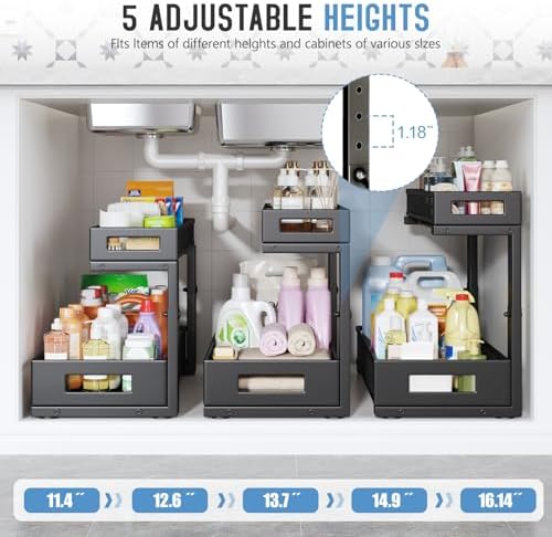 2 Pack 17IN Depth Under Sink Storage Organizer, Large 2-Tier Elegant Mesh Pull Out Shelf for Kitchen and Bathroom Cabinet Organization, L-Shaped and Adjustable Height Design-Black