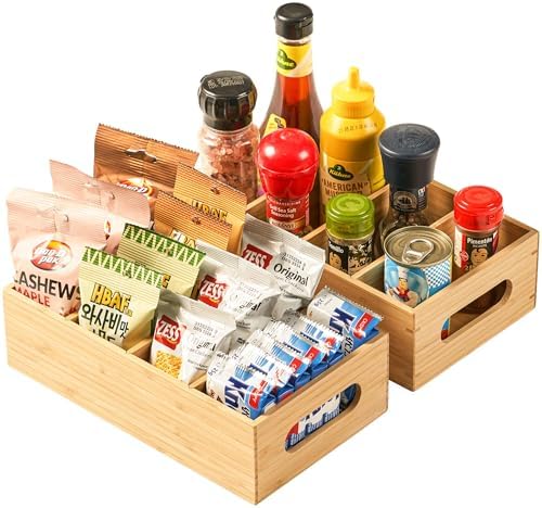 Umilife Bamboo Pantry Organizers and Storage Bins with Removable Dividers, Kitchen Drawer Cabinet Countertop Organization for Snack, Spice Packets, Teabags, Seasoning Pouches (2 Pack)