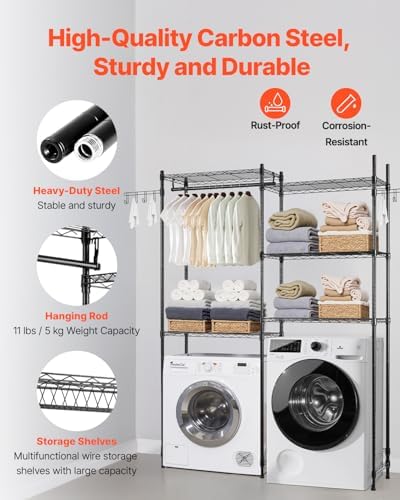 VEVOR Over the Washer and Dryer Storage Shelf, 5 Tier Laundry Room Drying Rack with Hanger Rod and Hooks, Adjustable Over Washer and Dryer Shelves, Laundry Room Shelf Storage Space Saver, Black