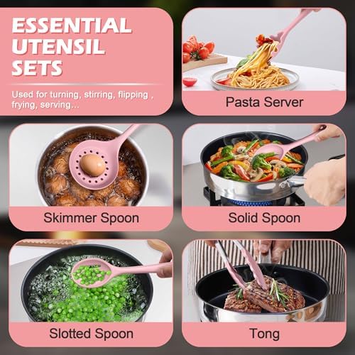 Homikit 15-Piece Kitchen Utensil Set, Pink Silicone Utensils with Holder