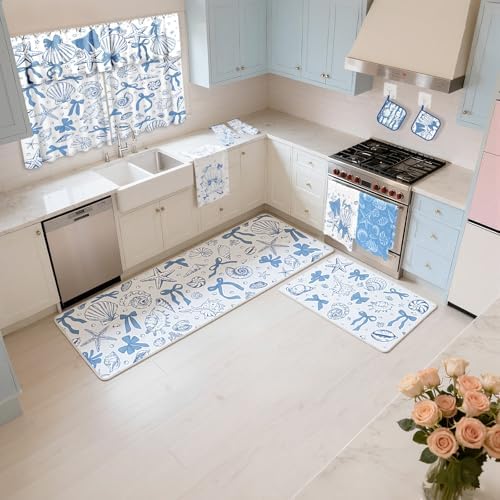 13 Pcs Beach Kitchen Decor Set 3 Seashell Kitchen Curtains Valance 2 Blue Bow Rugs and Mats 4 Coastal Hand Towels 2 Pot Holders 2 Oven Mitts for Summer Home Decor Cooking Grilling Housewarming Gift