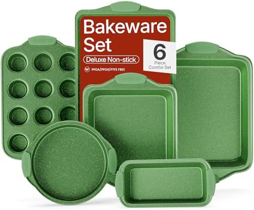 BAKKEN Kitchen Baking Pan Set - Nonstick Green Marble Coating, Carbon Steel Bakeware Sets with Green Silicone Handles, Kitchen Essentials, PFOA, PFOS, PTFE Free, Oven Safe (Up To 450° F), Set of 6