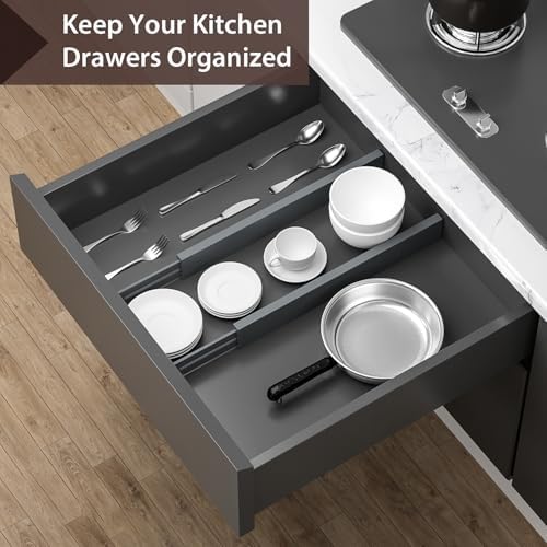 4 Pack Bamboo Drawer Dividers 17-22" Adjustable Kitchen Organizer, Gray