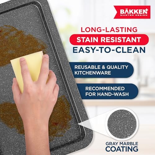 BAKKEN Kitchen Baking Pans - Nonstick Gray Coating, 13.18’’ × 8.66’’ Commercial Grade Carbon Steel Cookie Sheet, Baking Kitchen Essentials, PFOA, PFOS, PTFE Free, Oven Safe Tray (450° F), Gray Marble