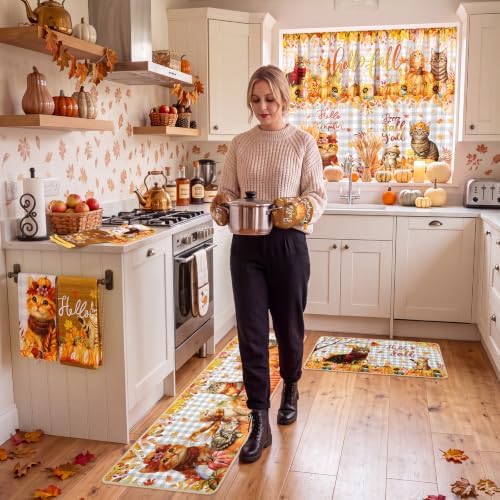13 Pcs Fall Cat Kitchen Decor Set, Pumpkin Kitchen Towel Non Slip Rugs Set