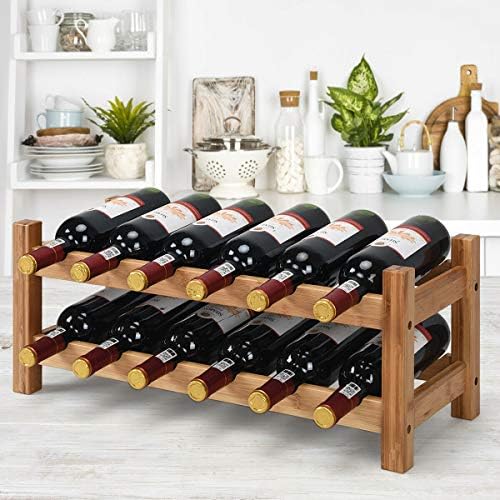 COSTWAY 12 BottlesWine Rack, 2-Tier Bamboo Wine Display Rack (Nature)