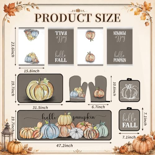 Fanfanwin 10 Pcs Fall Pumpkin Kitchen Decor Set Kitchen Towels Pot Holders Oven Mitts and Rugs Set Thanksgiving Towels for Baking Cooking BBQ Autumn Home(Minimalist Style Pumpkin,Light Brown,10)