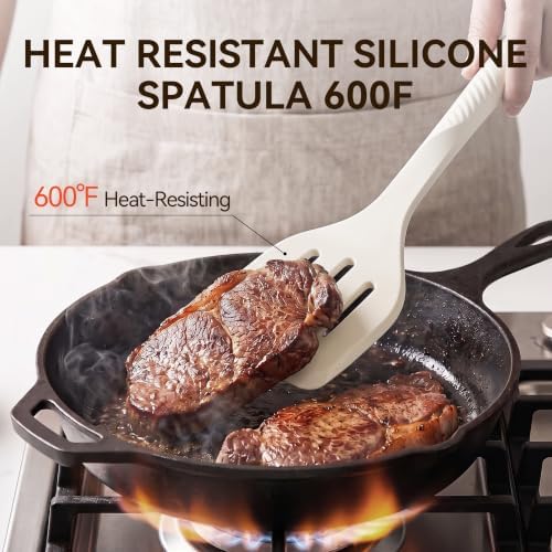 Silicone Cooking Utensils Set - 600°F Heat Resistant, Nonstick Kitchen Utensil Set with Spatulas, Spoons, Whisk, Tongs, BPA Free, Dishwasher Safe, Cream White