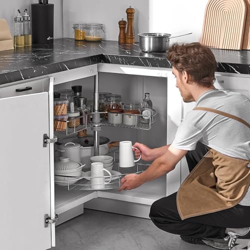 VEVOR 28" Kidney Shaped Chrome Corner Organizer, 360° Rotatble Kitchen Base Cabinet Blind Corner, 2 Tier Height Adjustable Storage Rack, Carbon Steel Lazy Susan Replacement Shelf for Cabinet Corner