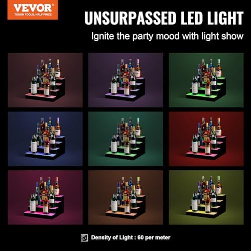 VEVOR LED Lighted Liquor Bottle Display, 4 Tiers 16 Inch Commercial Illuminated Home Bar Shelf, 4 Steps Whiskey Rack Stand, Acrylic Drink Shelves with RF Remote & App Control, and Multicolor Light