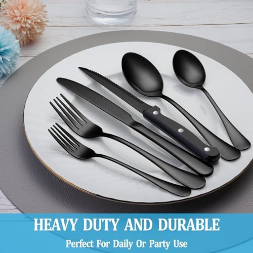 48 Pcs Black Silverware Set with Steak Knives, Stainless Steel Flatware Cutlery Set for 8, Kitchen Tableware Sets, Utensil Sets for Home and Restaurant, Dishwasher Safe