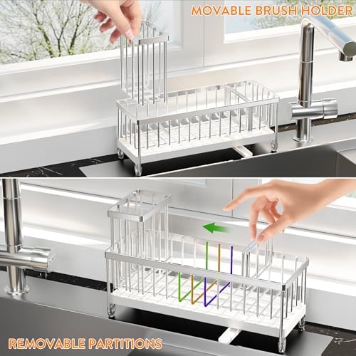 Cisily Sponge Holder for Kitchen Sink, Sink Caddy Organizer with High Brush Holder, Kitchen Countertop Organizers and Storage Essentials, Rustproof 304 Stainless Steel (Large Silver, 10.62″)