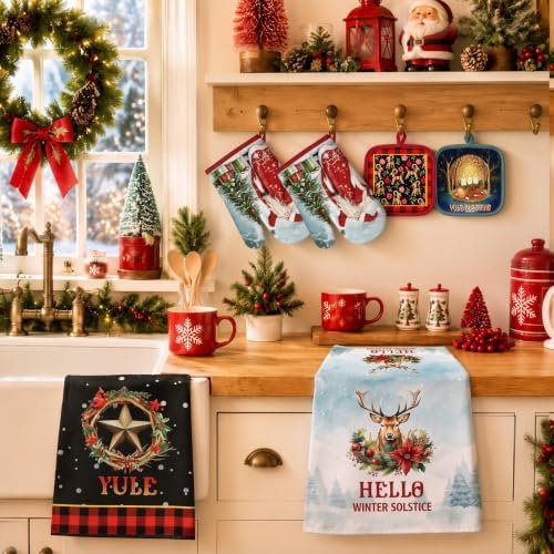 FoldTier 6 Pcs Yule Kitchen Decor Set Christmas Towel Pot Holder Oven Mitts