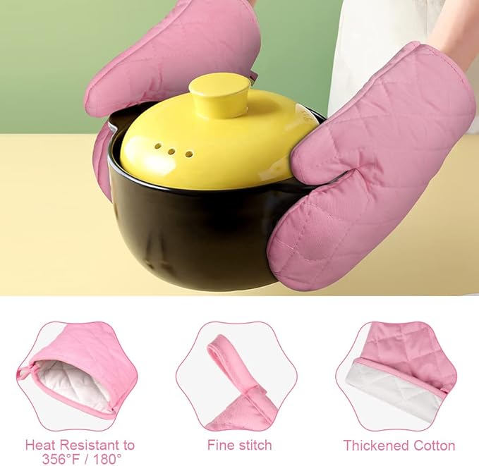 AUAUY Pink Oven Mitts, 1 Pair Kitchen Mittens, 392°F Heat Resistant Oven Gloves - Image 2