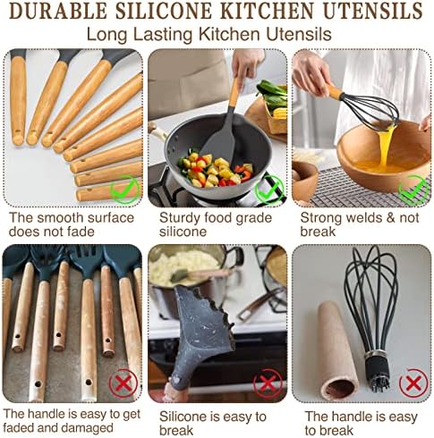 Umite Chef Kitchen Cooking Utensils Set, 33 pcs Non-stick Silicone Spatula Set with Holder, Woodle Handle Heat Resistant Gadgets Utensil (Gray)