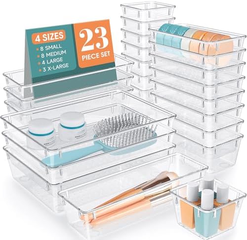 23 PCS Plastic Drawer Organizers Set, 4 Size Desk Drawer Organizer Trays