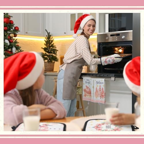 12 Pcs Christmas Pink Kitchen Towels and Oven Mitt Sets 4 Santa Claus Oven Mitts 4 Snowman Dish Towels and 4 Plaid Wreath Pot Holders Cooking Accessories for Winter Holiday Kitchen Decoration