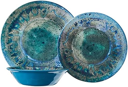 Radiance Teal 12pc Melamine Dinnerware Set – Service for 4 Plates and Bowls Set, Outdoor Dinnerware, Coastal Dishes, Unbreakable, Dishwasher Safe, Heavyweight Melamine, Rustic Look
