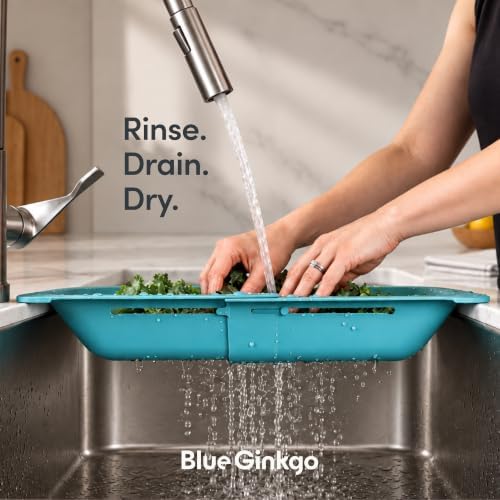 BLUE GINKGO Over the Sink Colander Strainer Basket - Wash Vegetables and Fruits, Drain Cooked Pasta and Dry Dishes - Extendable - New Home Kitchen Essentials (7.9 W x 14.5-19.5 L x 2.75 H) - Teal