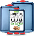 NutriChef 3-Piece Nonstick Cookie Sheets for Baking - Premium Carbon Steel Baking Trays w/ Non-Stick Smooth Coating & Silicone Handles - Large, Medium, & Small Bakeware - Blue
