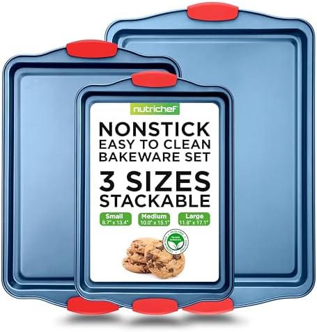 NutriChef 3-Piece Nonstick Cookie Sheets for Baking - Premium Carbon Steel Baking Trays w/ Non-Stick Smooth Coating & Silicone Handles - Large, Medium, & Small Bakeware - Blue