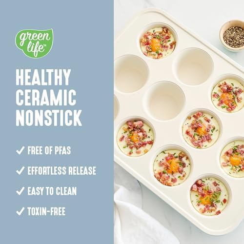 GreenLife 12-Cup Muffin Pan, PFAS-Free Healthy Nonstick Baking Tray, 11.4" x 1.9" x 15.9", Durable Ceramic Bakeware, Cupcakes, Egg Bites, Tarts, Brownies, Blue Haze