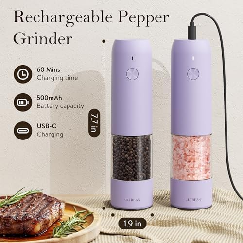 Ultrean Electric Salt and Pepper Grinder Set, Rechargeable,Purple
