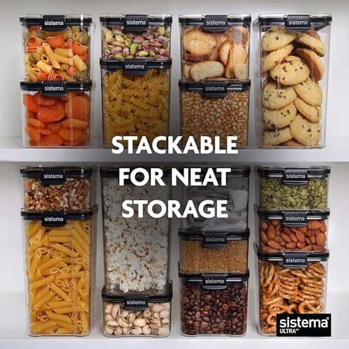 Sistema Tritan Ultra Airtight Pantry & Kitchen Storage Containers, 3-Pack, Clear Stackable Square Food Storage, BPA-Free, Dishwasher & Freezer-Safe (Microwave-Safe Without Lid)