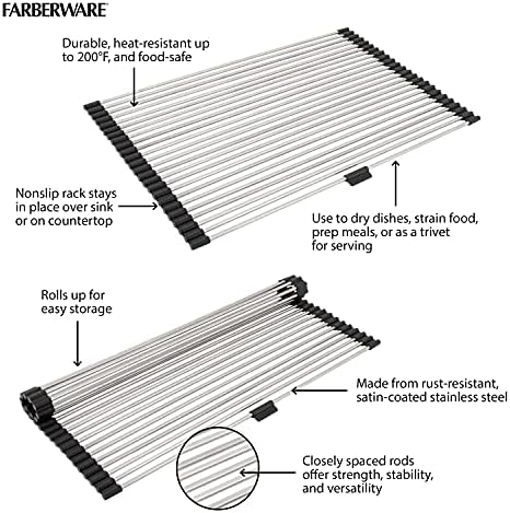 Farberware Dish Drying Rack Over the Sink, Large Stainless Steel Rolling Drying Rack for Kitchen Counter, Rust-Resistant Rods, Holds Up to 22 lbs, Dishwasher Safe