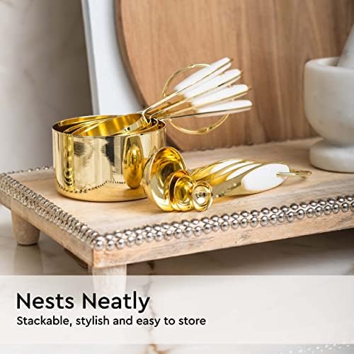 White and Gold Measuring Cups and Spoons Set – 8-Piece Stackable Stainless Steel Measuring Set – Stylish Gold Kitchen Accessories for Precise Baking and Cooking, Ideal Gift for Bakers and Chefs