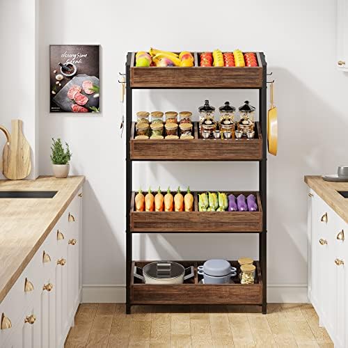 Tribesigns Wood Fruit and Vegetable Basket Stand Rack for Kitchen, Office, Store, Supremarket, Pantry Shelf Unit for Snacks, 4-Tier Wooden Utility Storage Shelves (1, Brown+Black)