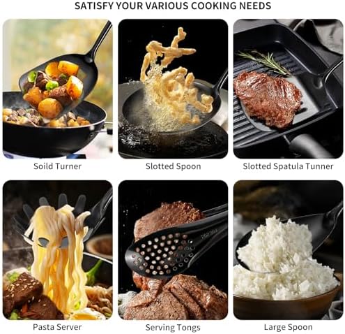 304 Stainlss Steel Matte Kitchen Utensils Set, 12 Pcs Long Metal Cooking Utensil Gadgets Tools Set with Spatula, Ladle, Spoon, Ladle, Skimmer, Tunner, Pasta Server, Tongs(Black, Dishwasher Safe)