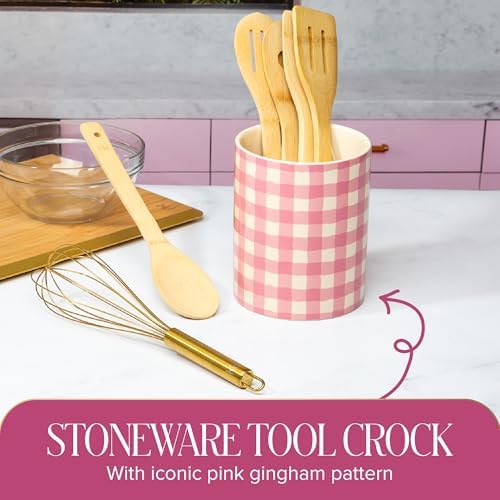 Paris Hilton Kitchen Utensils Tool Crock Set, Bamboo Cooking Tools with Gold-Finish Stainless Steel Whisk and Ceramic Stoneware Utensil Holder, Gingham Design, 7-Piece, Pink