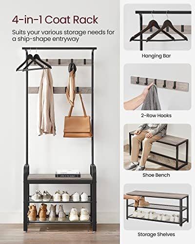 VASAGLE Coat Rack, Hall Tree with Shoe Bench, 4-in-1, 9 Removable Hooks