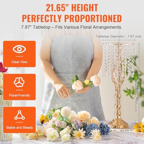 VEVOR 10PCS 55cm/21.65” Tall Crystal Wedding Flower Stand, Metal Wedding Centerpiece Vase, Gold Flower Holders Floral Display Rack for Tables Wedding Dinner Party, Ceremony Birthday Event Decor